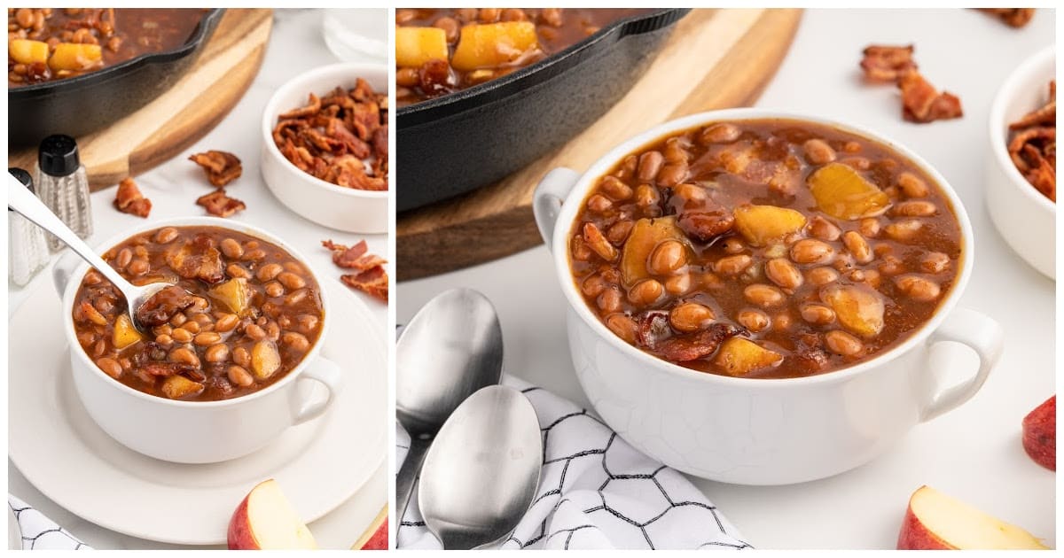 a bowl of Apple Pie Baked Beans with a spoon