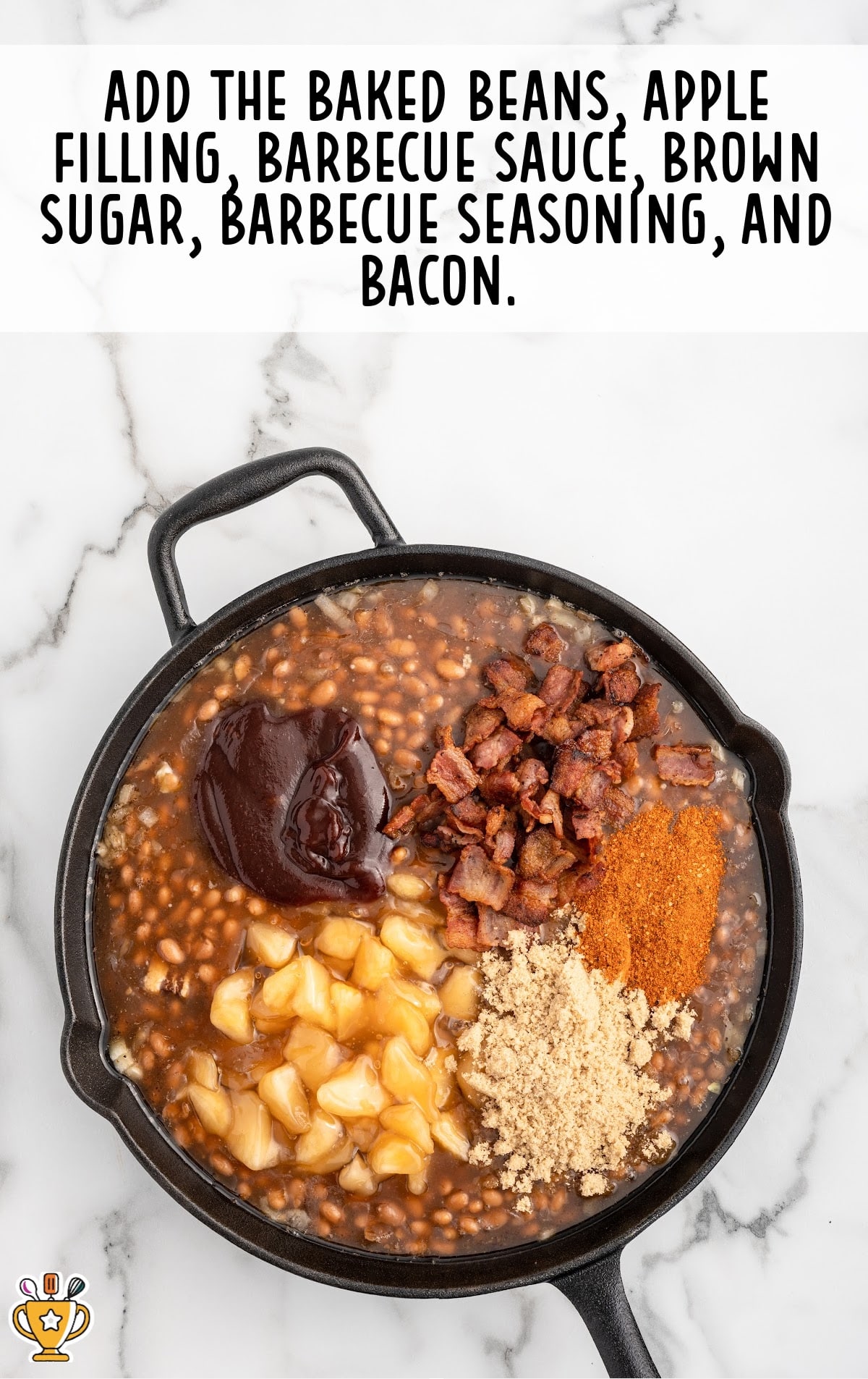 baked beans, apple pie filling, bottled barbecue sauce, light brown sugar, barbecue seasoning blend, and the cooked bacon pieces added to the skillet