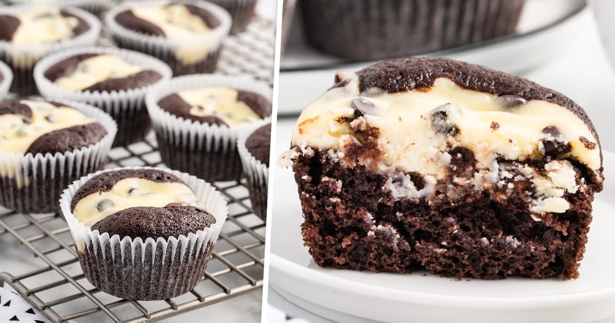 a close up shot of a Black Bottom Cupcake on a plate with a bite taken out of it
