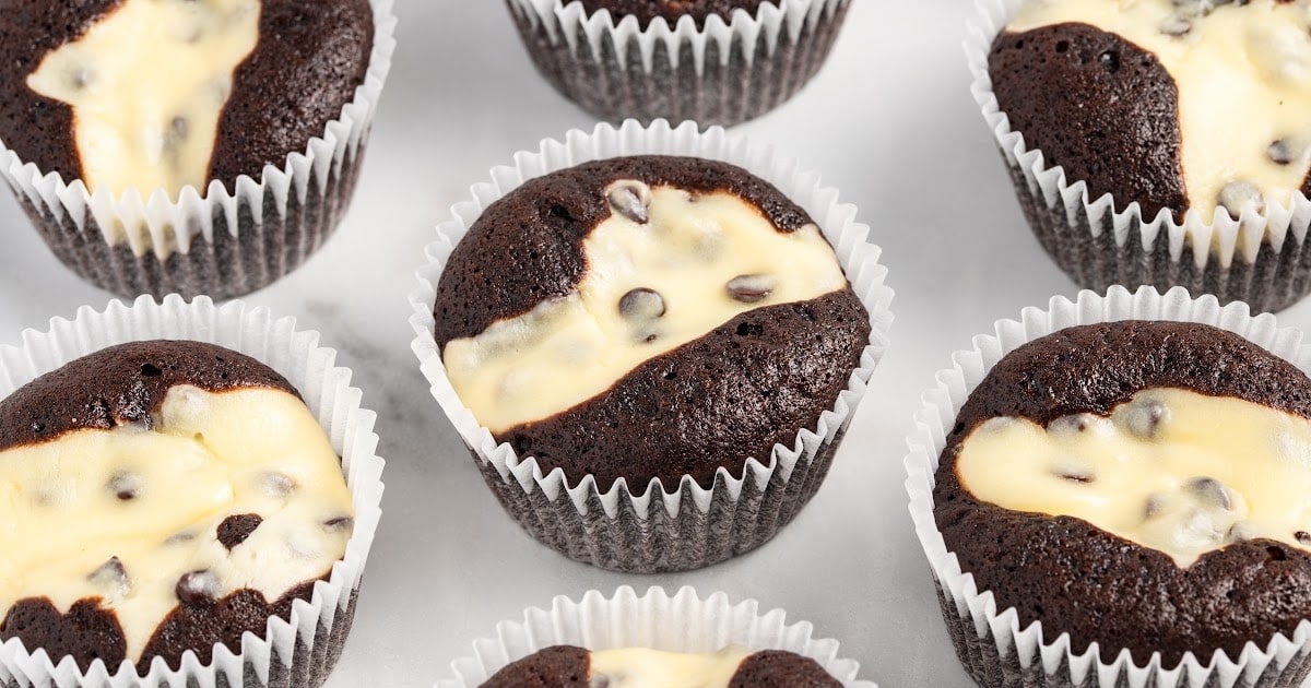 a close up shot of a Black Bottom Cupcake on a plate with a bite taken out of it