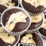 a close up shot of Black Bottom Cupcakes stacked on top of each other.