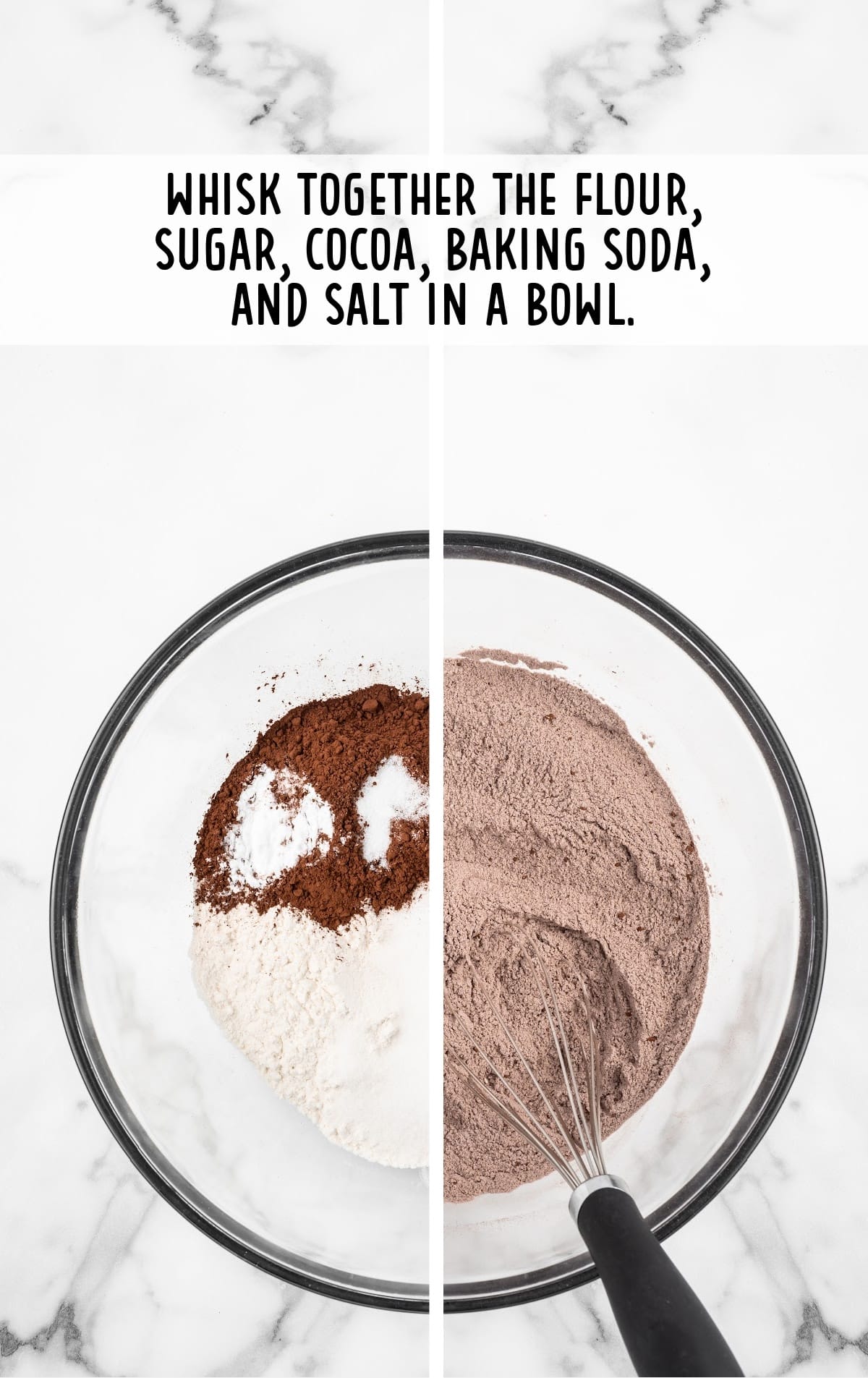 flour, sugar, cocoa, baking soda, and salt whisked