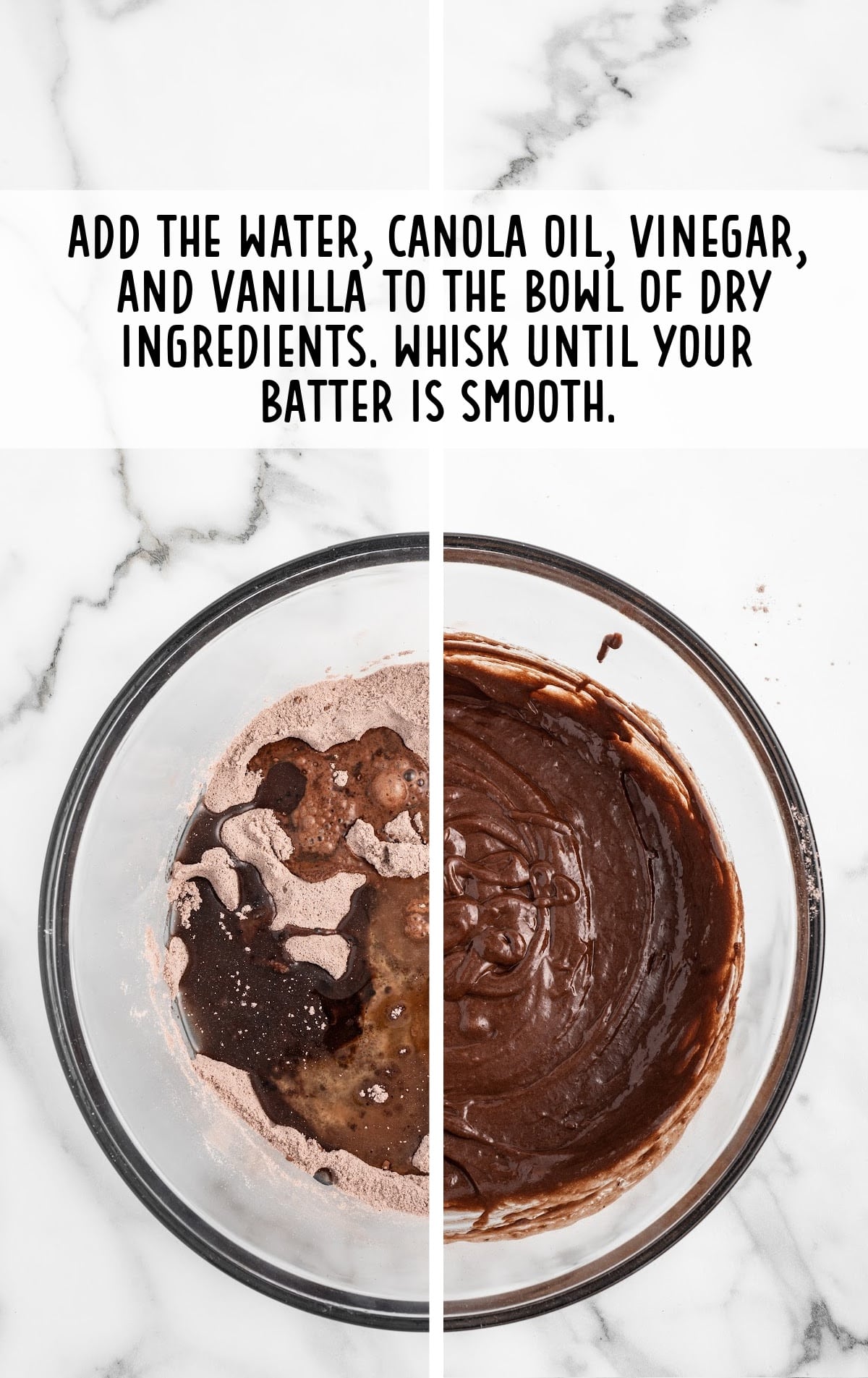 water, canola oil, vinegar and vanilla added to the bowl of dry ingredients