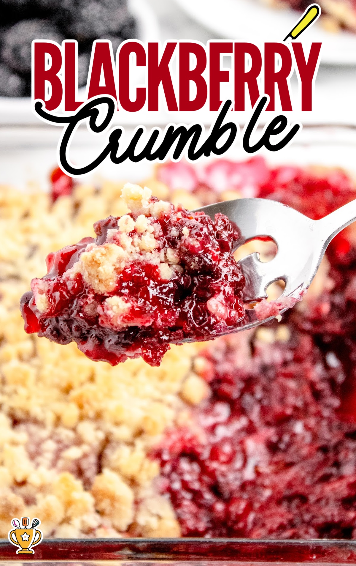 overhead shot of a baking dish of Blackberry Crumble with a spoon