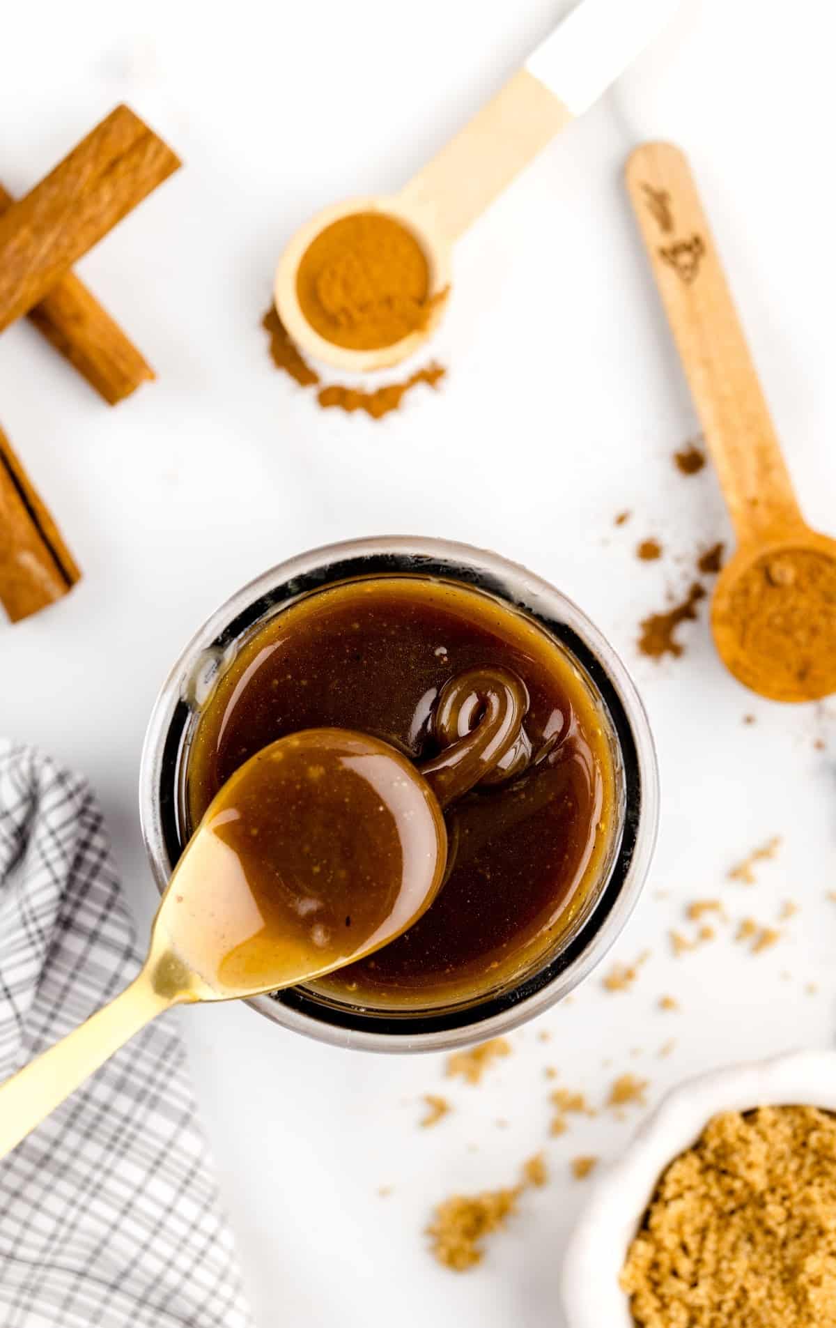 overhead shot of Brown Sugar Sauce with a spoon