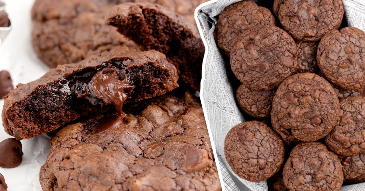 close up shot of Brownie Mix Cookies stacked on top of each other with one split in half