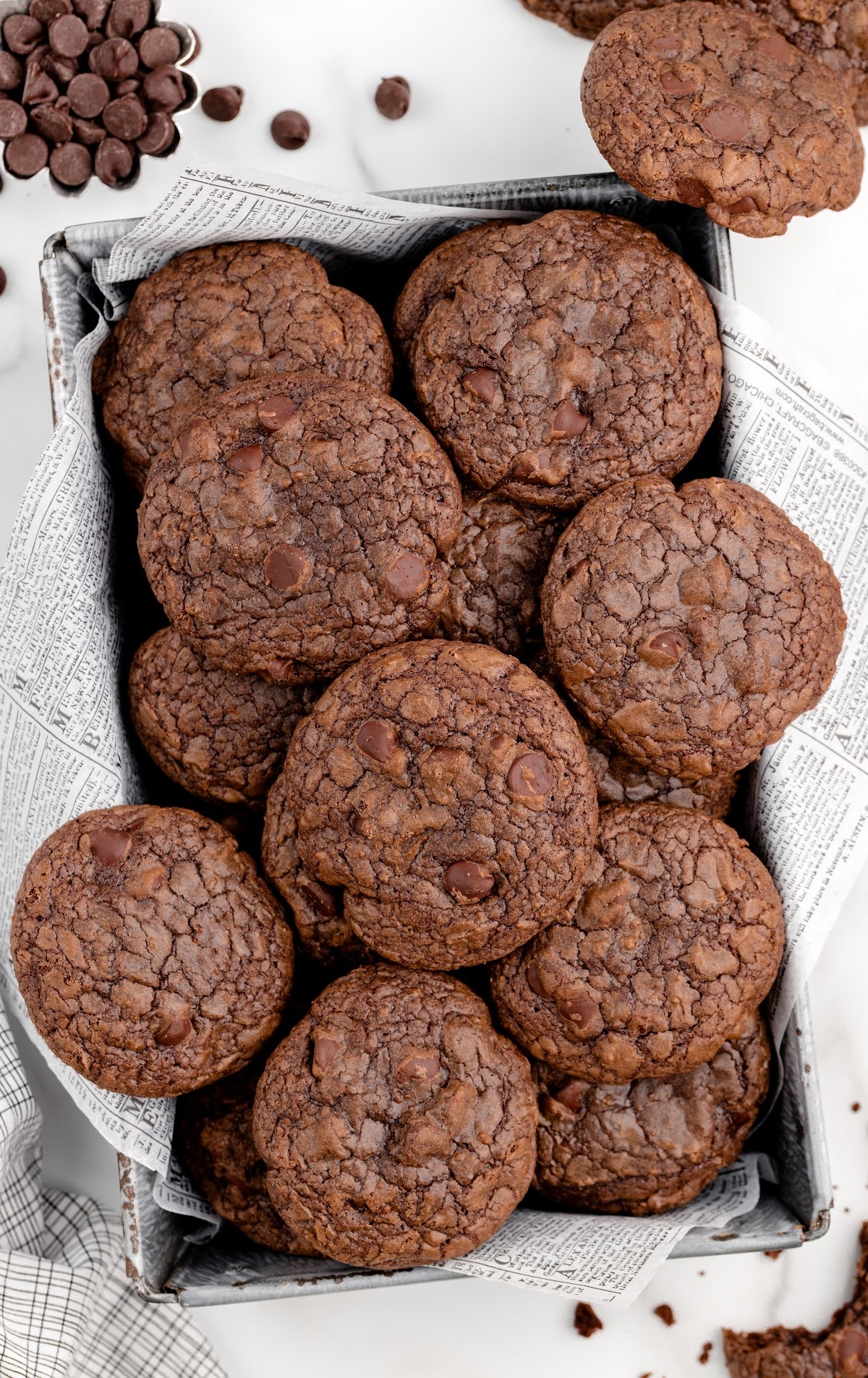 close up shot of Brownie Mix Cookies stacked on top of each other