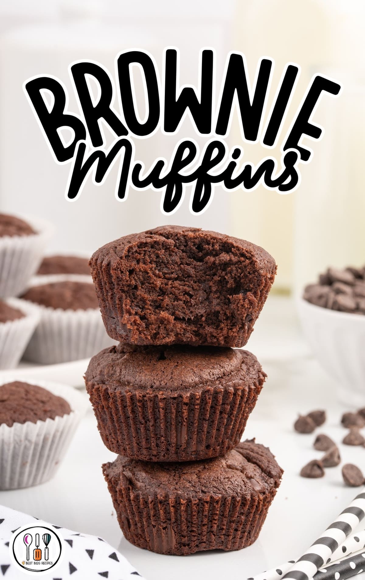 a close upshot of Brownie Muffins stacked on top of each other