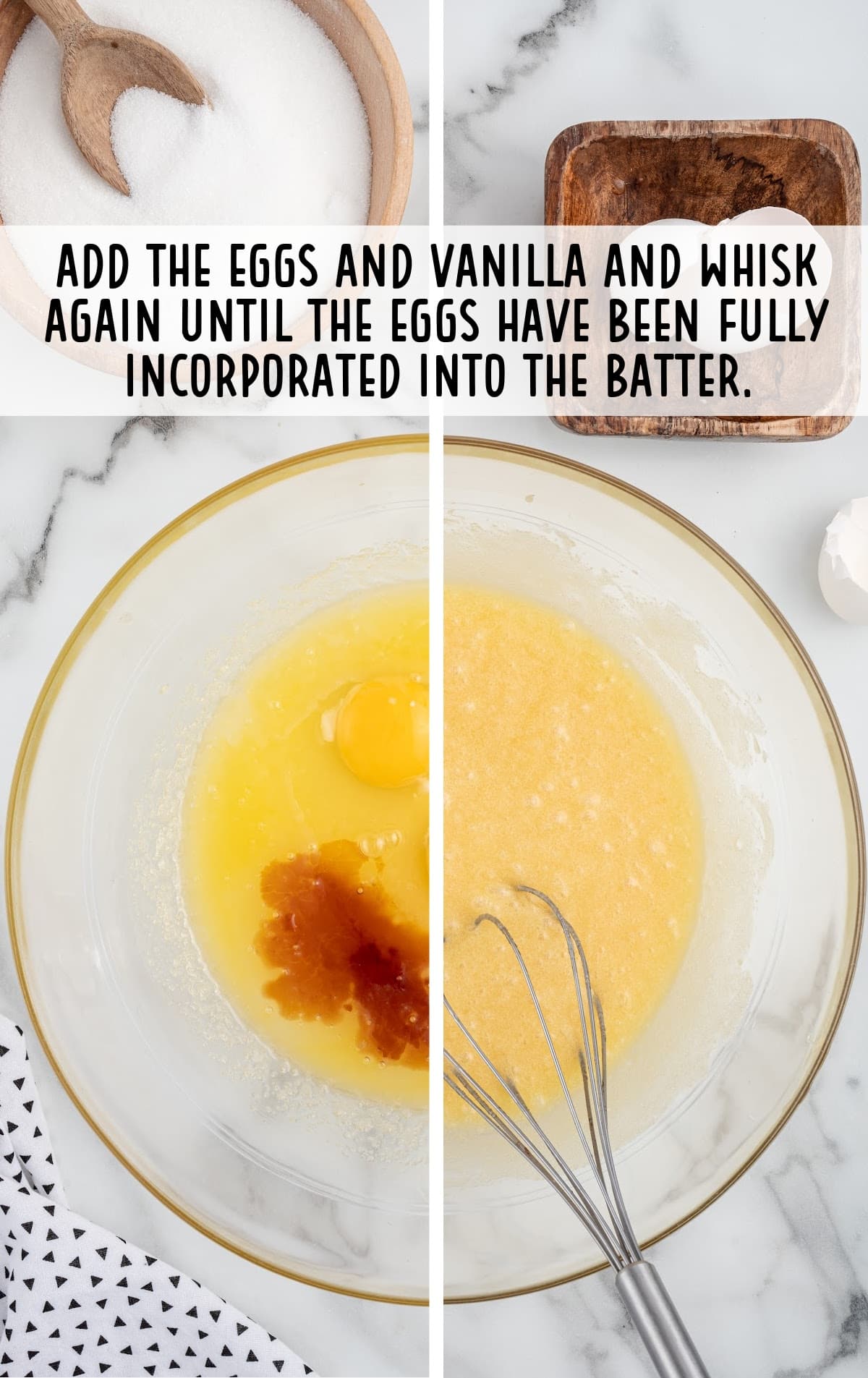 eggs and vanilla whisked together and added to the sugar mixture