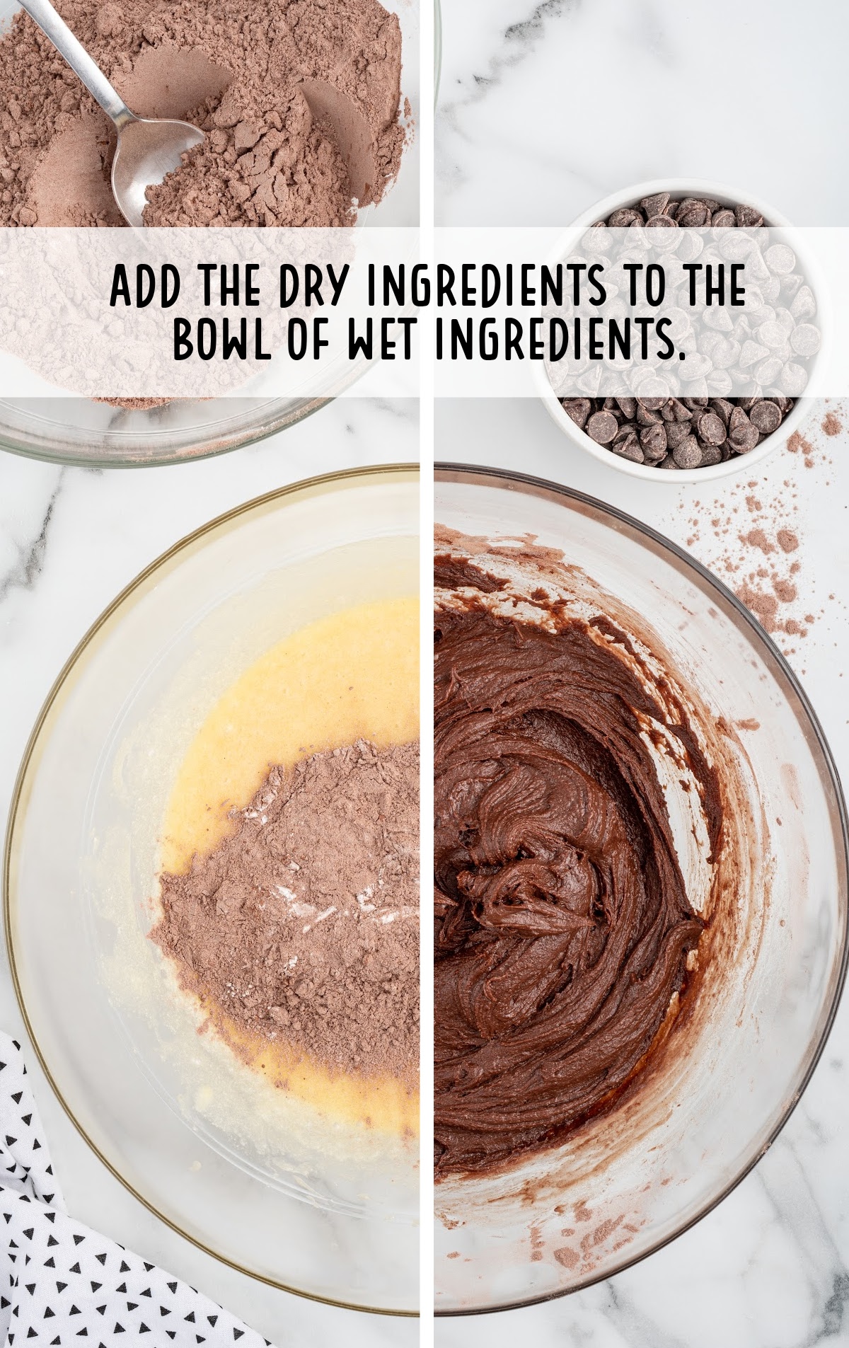 dry ingredients added to the bowl of wet ingredients