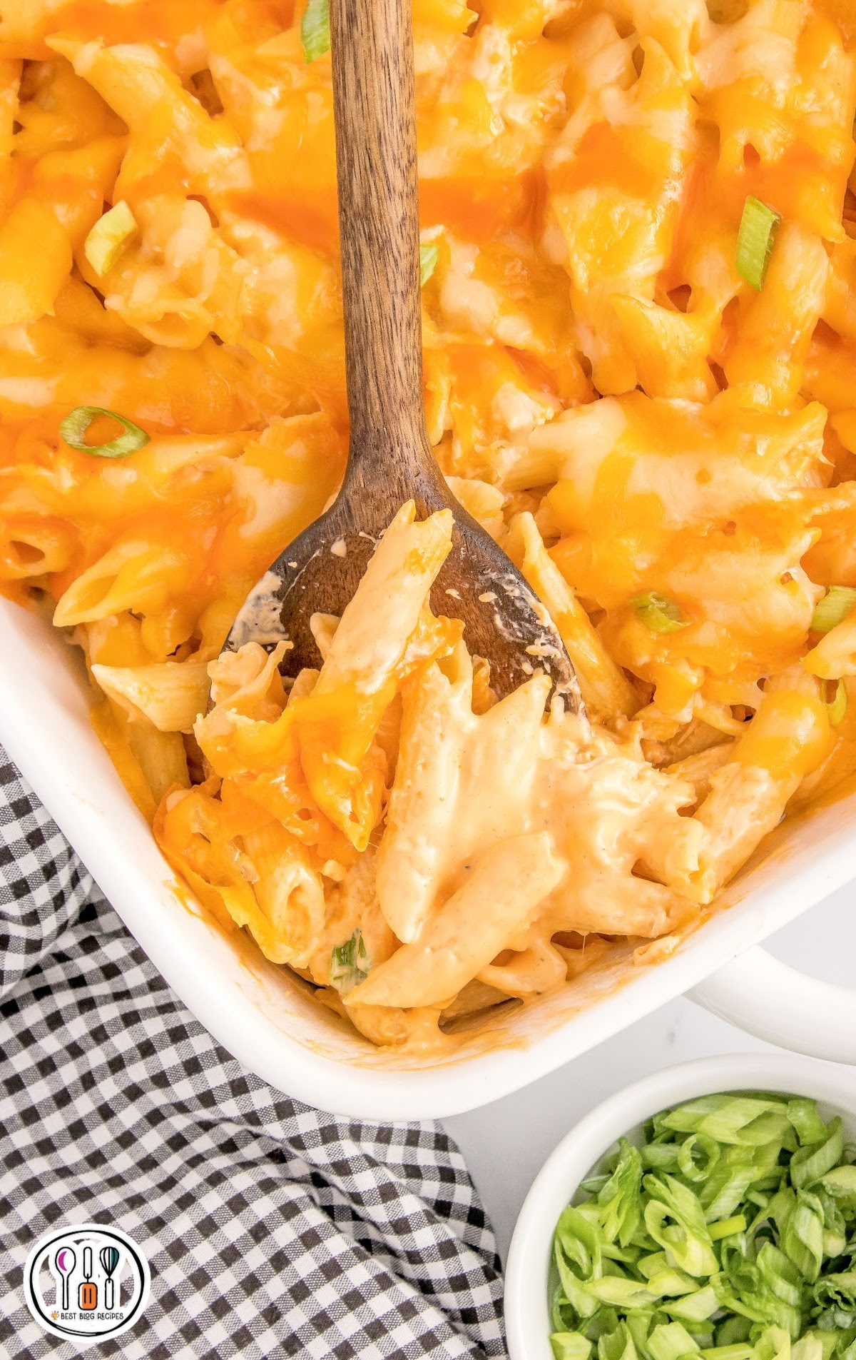 overhead shot of a plate of Buffalo Chicken Pasta topped with blue cheese000000