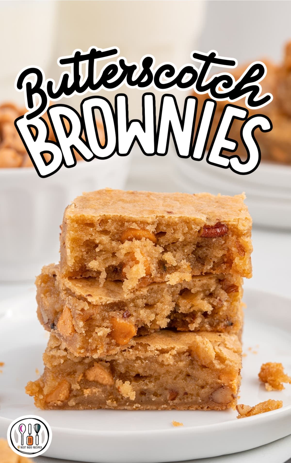 a close up shot Butterscotch Brownies stacked on top of each other