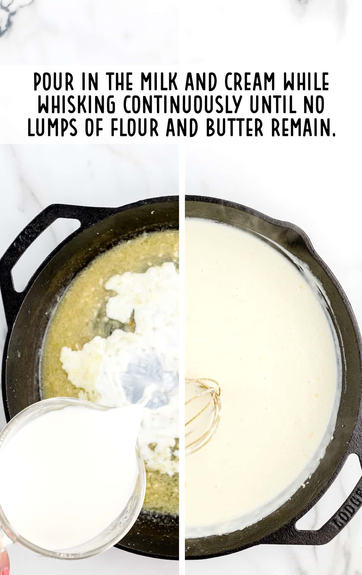 milk and cream poured while whisking until no lumps
