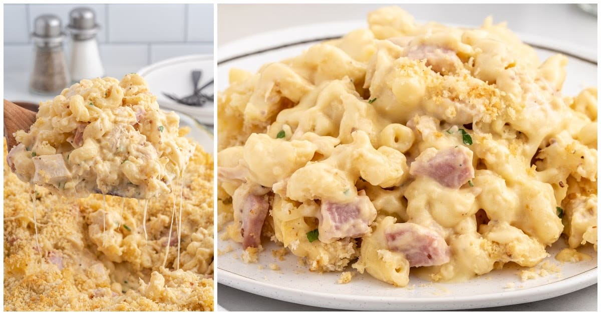 a close up shot of Chicken Cordon Bleu Casserole in a baking dish with a wooden spoon grabbing a piece