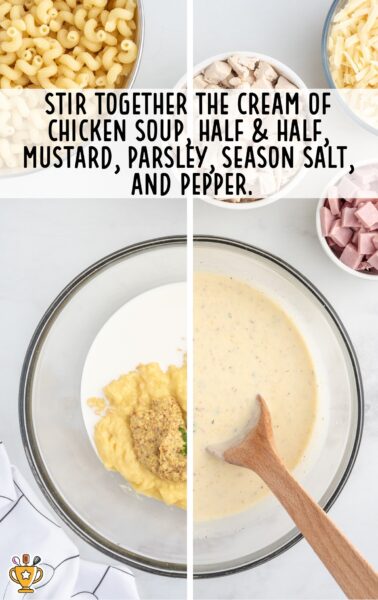 cream of chicken soup, half and half, mustard, parsley, salt and pepper stirred in a bowl