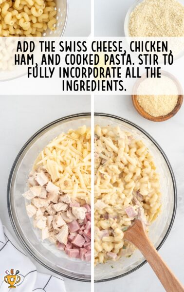 swiss cheese, chicken, ham, and pasta folded in a bowl