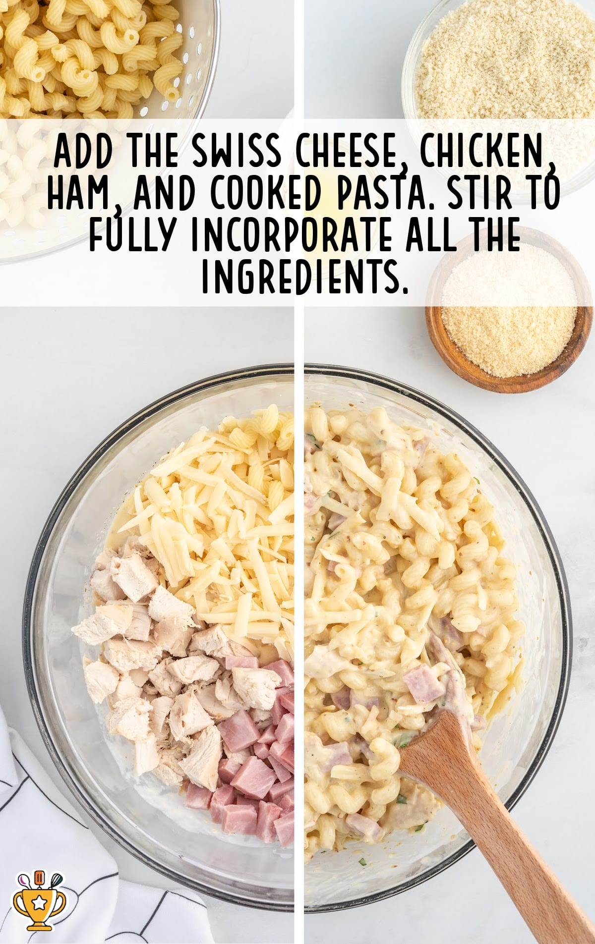 swiss cheese, chicken, ham, and pasta folded in a bowl