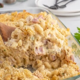 A pan of chicken cordon bleu casserole with a serving spoon lifting a scoop out.