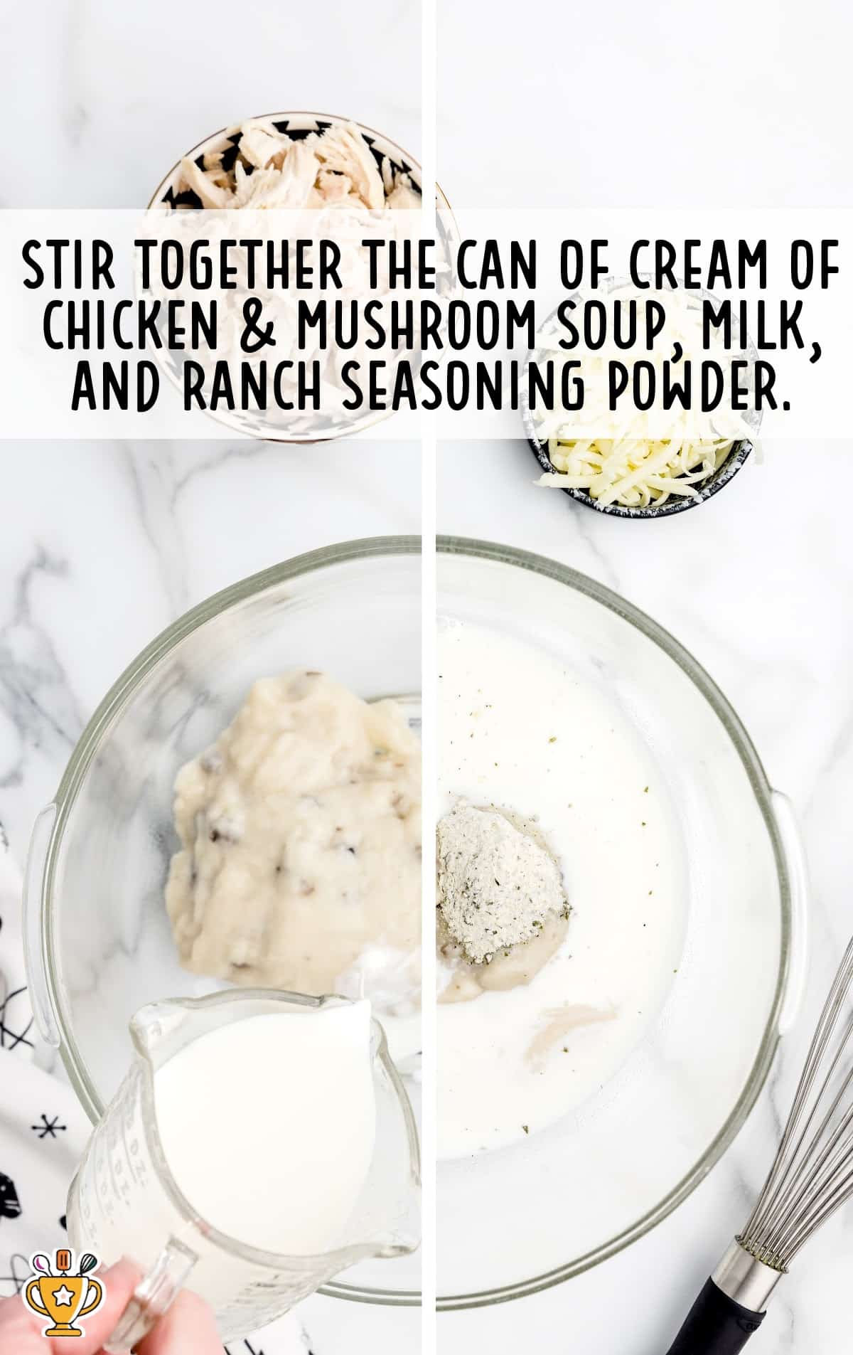 cream of chicken and mushroom soup, milk, and ranch seasoning powder stirred together