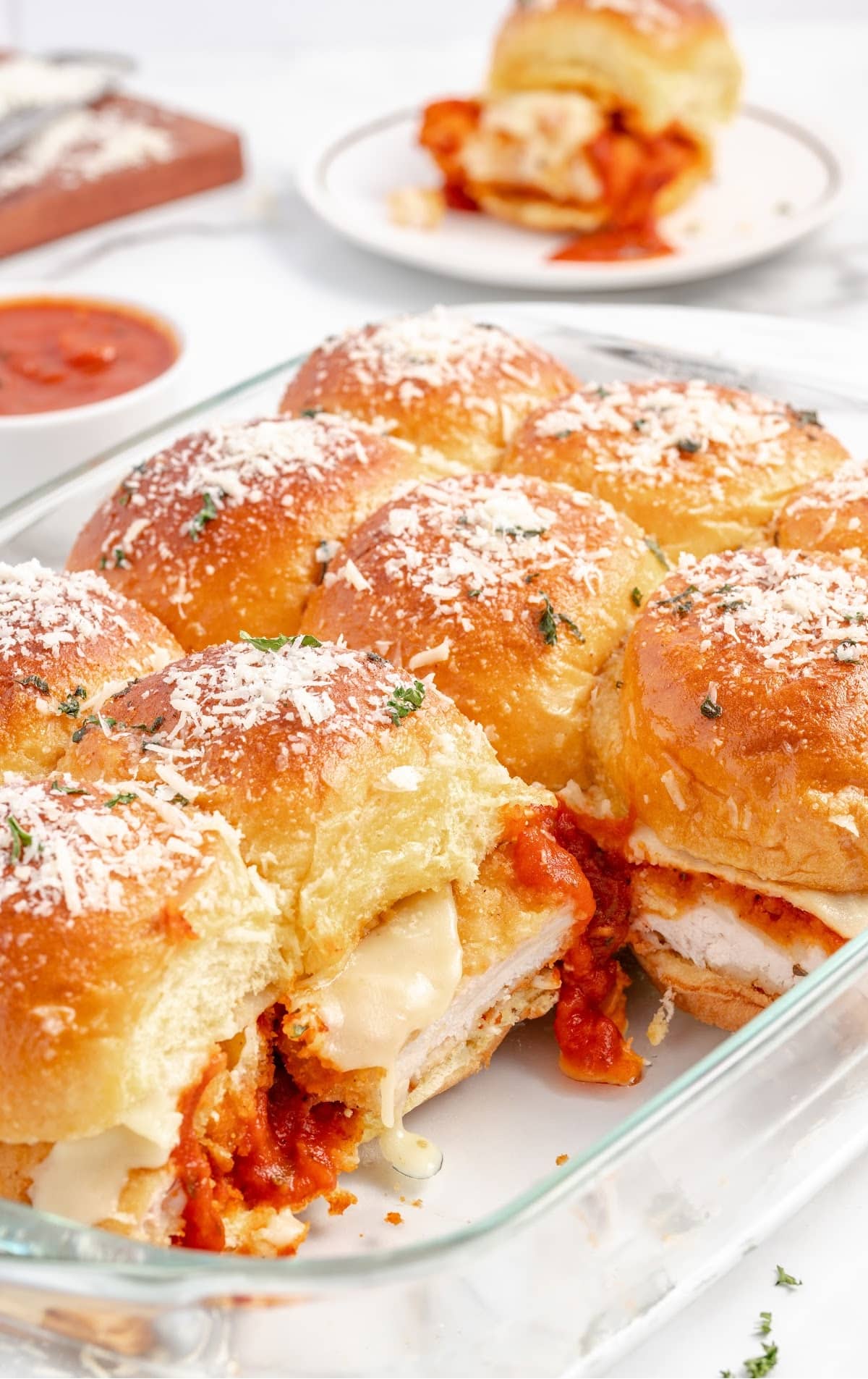 close up shot of Buffalo Chicken Sliders piled on a plate