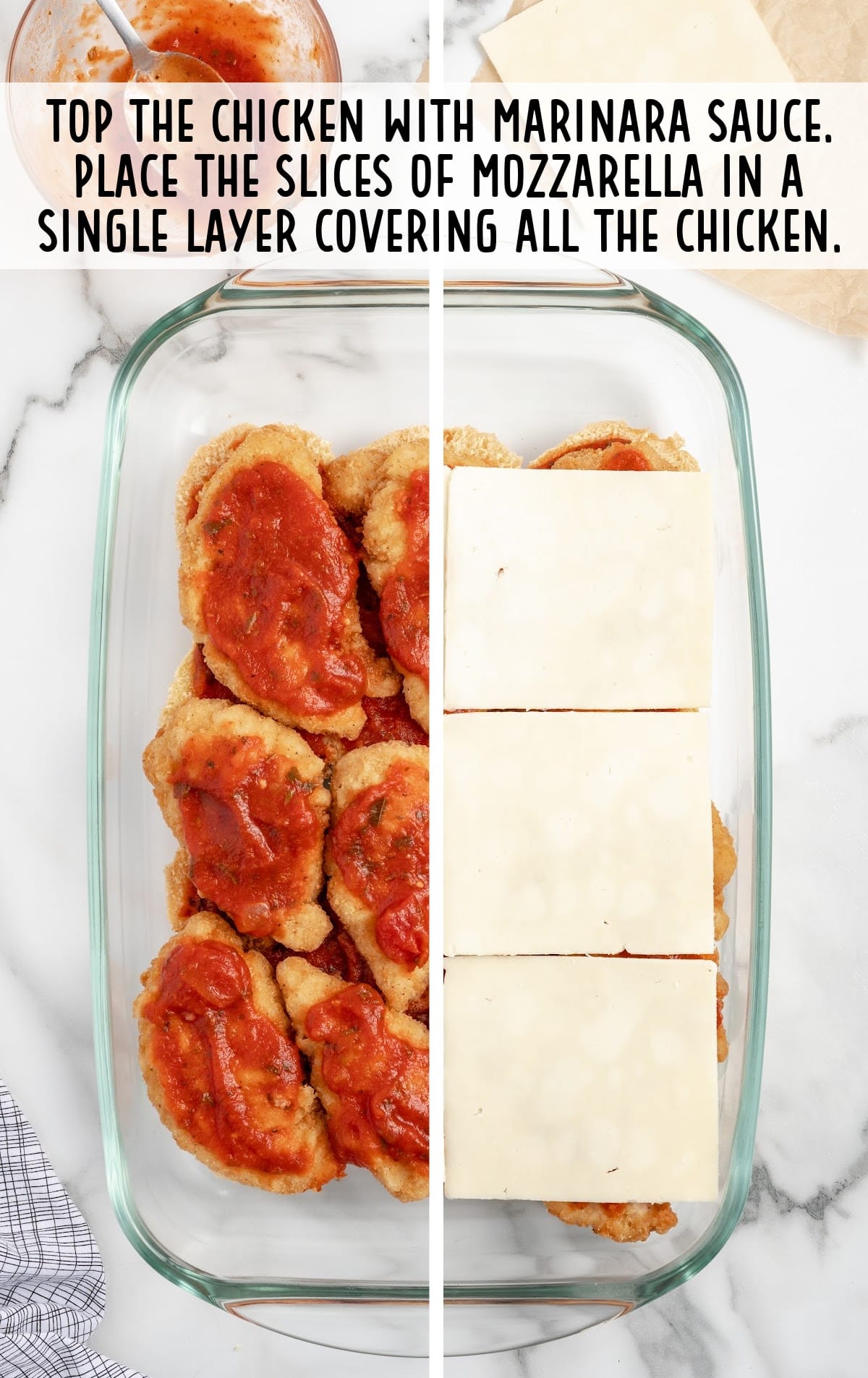 chicken topped with marinara sauce and mozzarella cheese in a baking dish in a baking dish