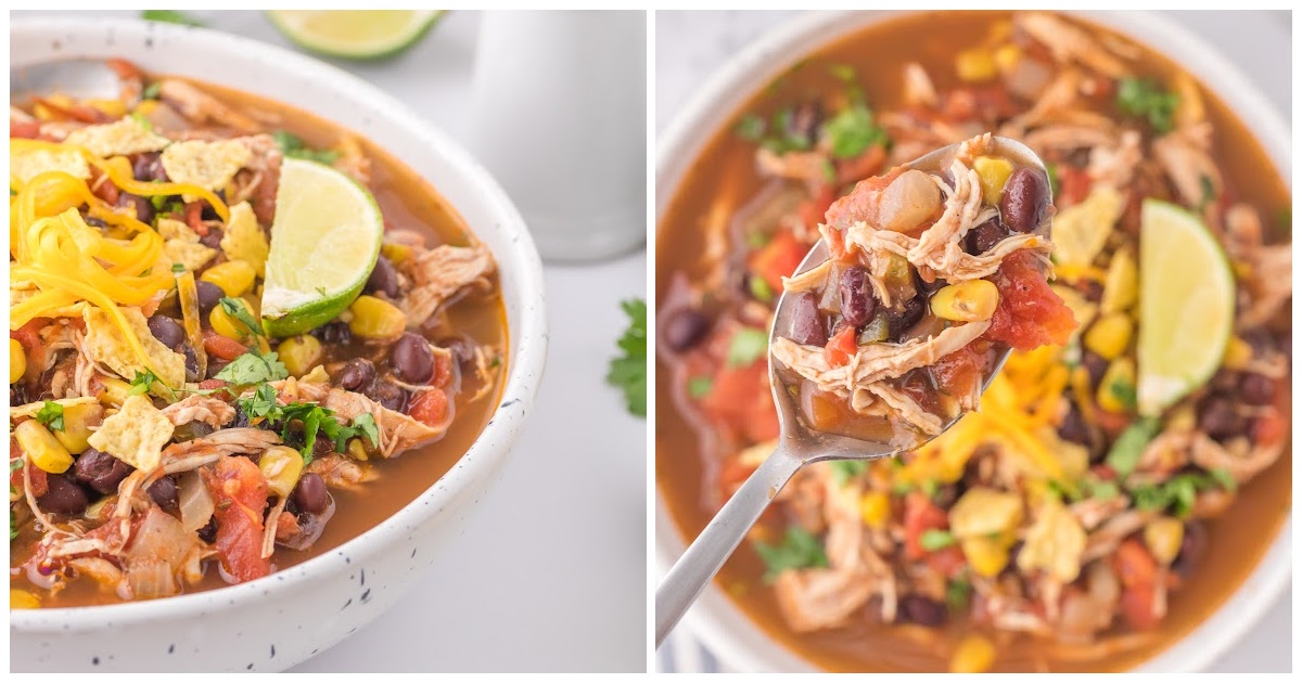 a close up shot of Chicken Taco Soup in a bowl