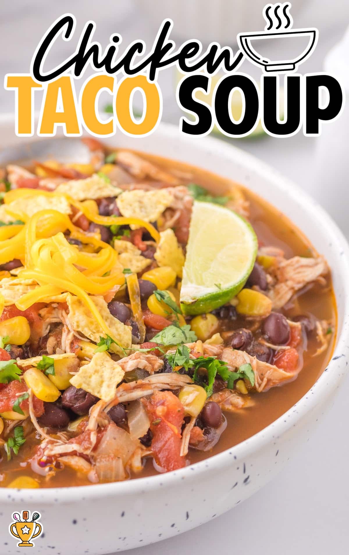 a close up shot of Chicken Taco Soup in a bowl