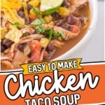 a close up shot of Chicken Taco Soup in a bowl