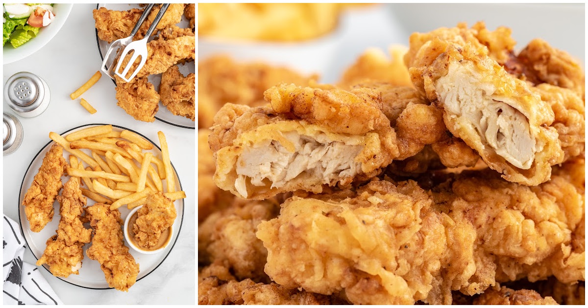 close up shot of a bunch of Chicken Tenders on a plate