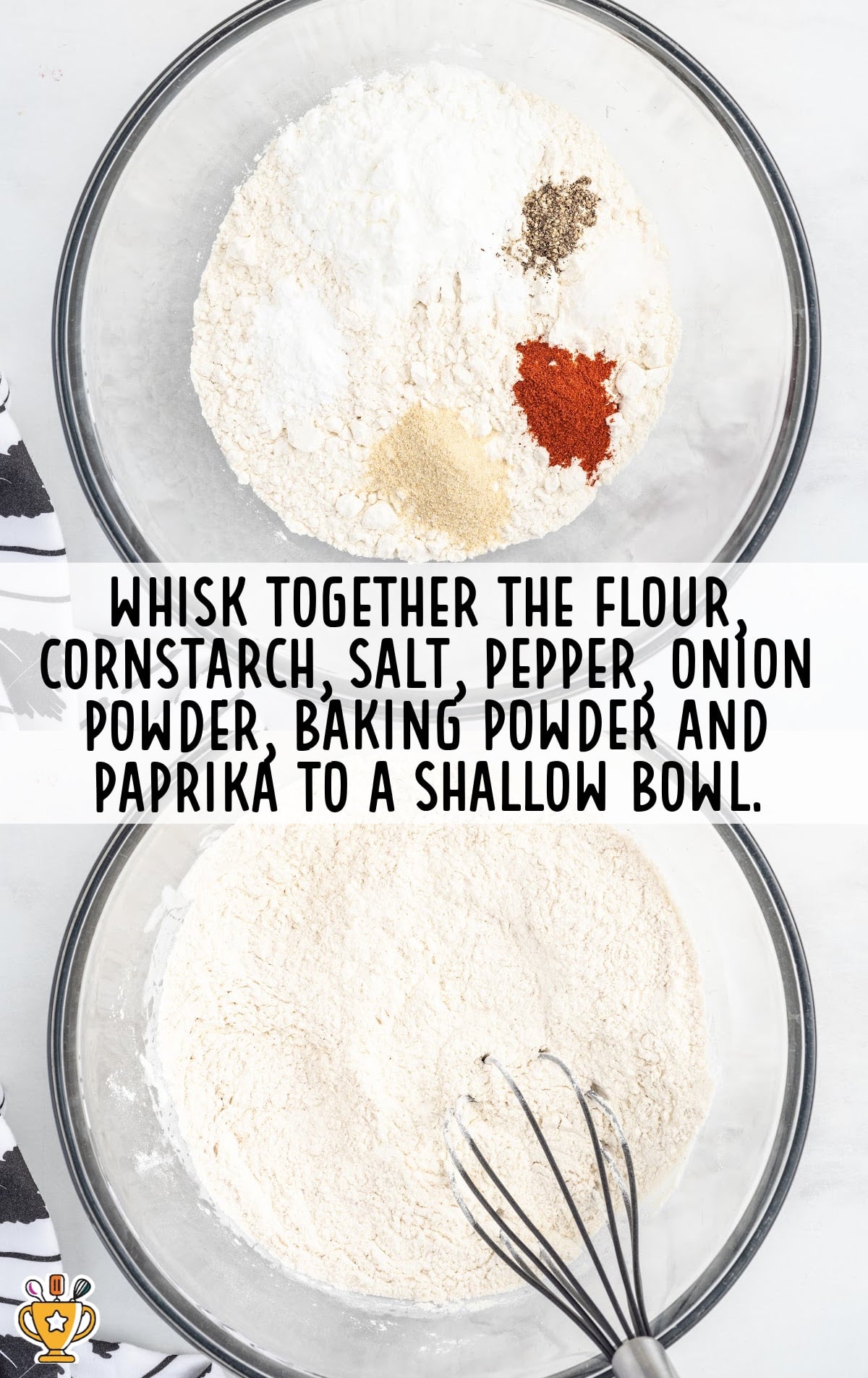 flour, cornstarch, salt, pepper, onion powder, baking powder and paprika whisked in a bowl