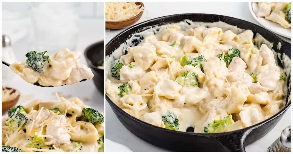 a close up shot of Chicken Tortellini on a skillet with a fork grabbing a piece