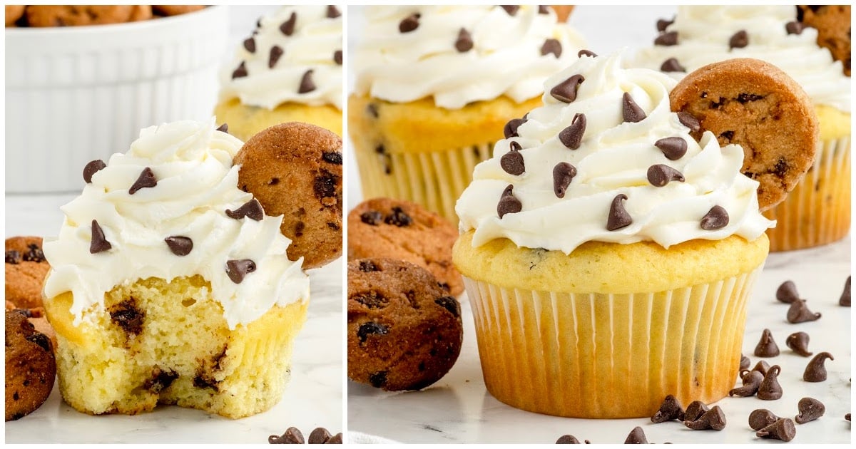 chocolate chips sprinkled on top of the cupcake and garnished with mini chocolate chip cookie
