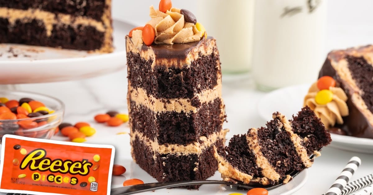 chocolate cake topped with frosting and Reese's pieces on a stand