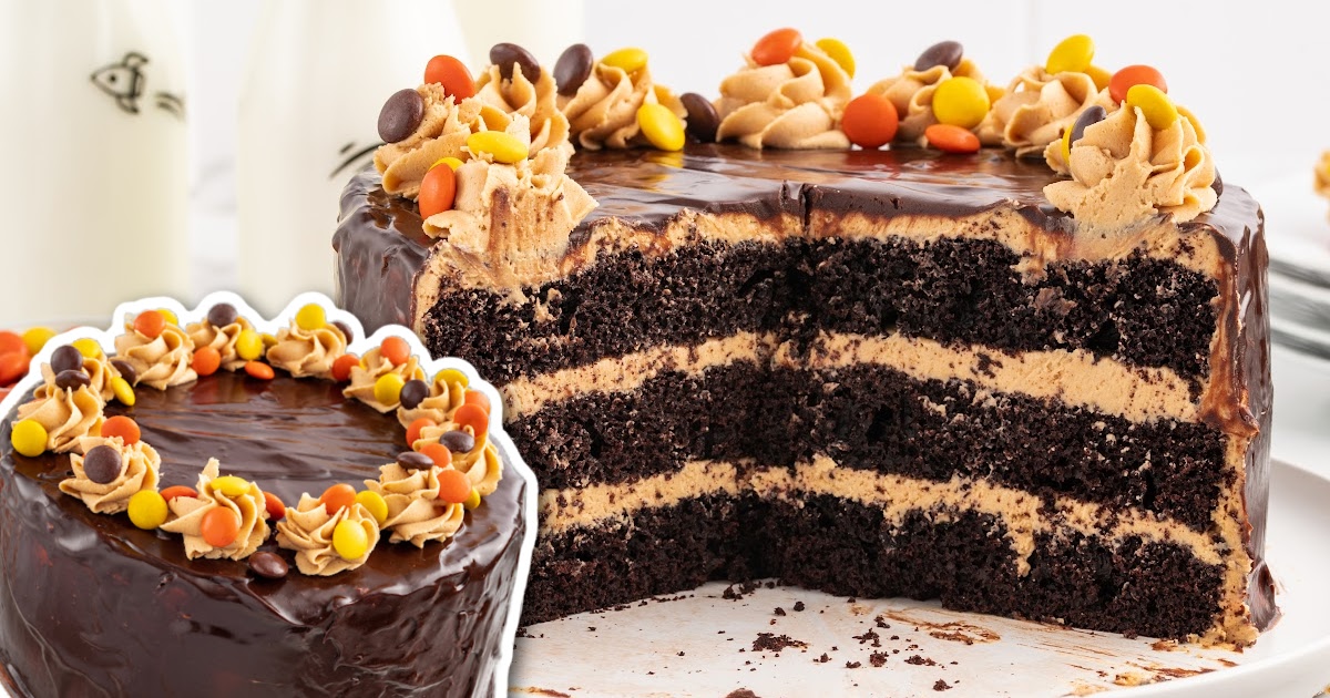 chocolate cake topped with frosting and Reese's pieces on a stand