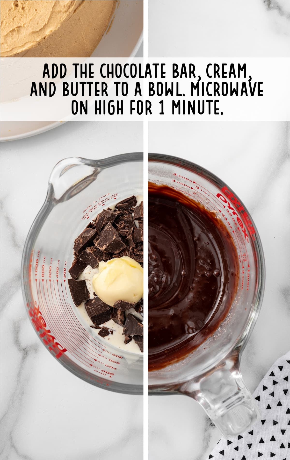 semi-sweet chocolate bar, heavy cream, and unsalted butter combined in a bowl