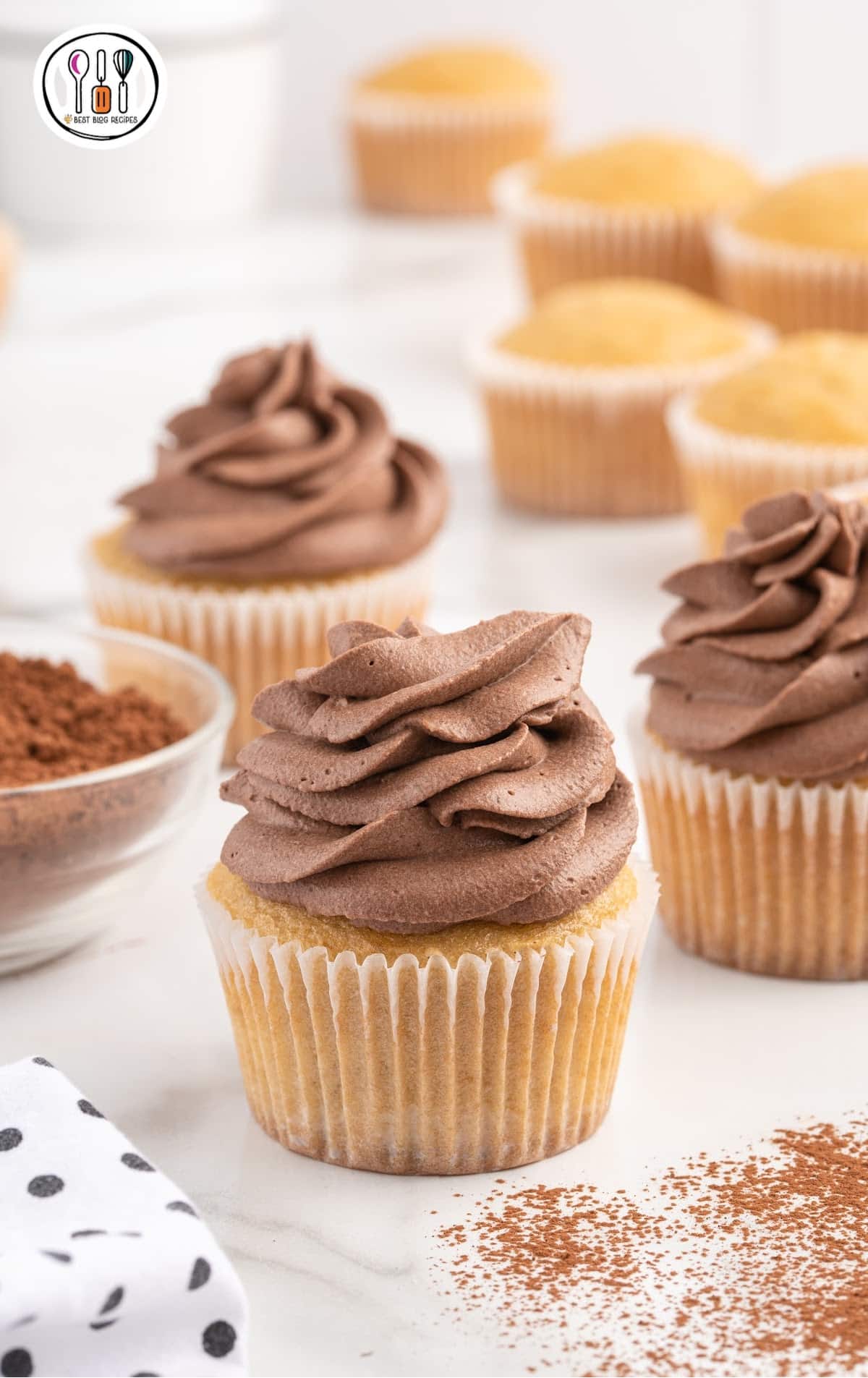 close up shot of vanilla cupcakes topped with Chocolate Whipped Cream