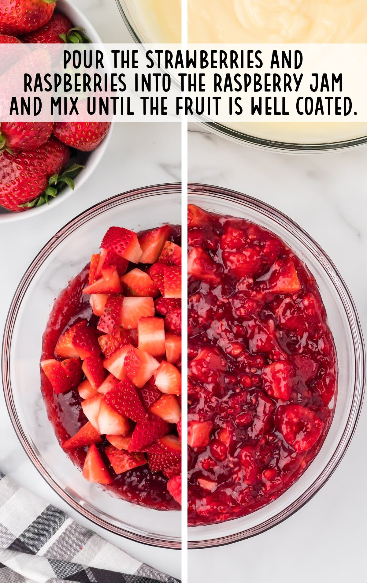 sliced strawberries and raspberries poured into the raspberry jam