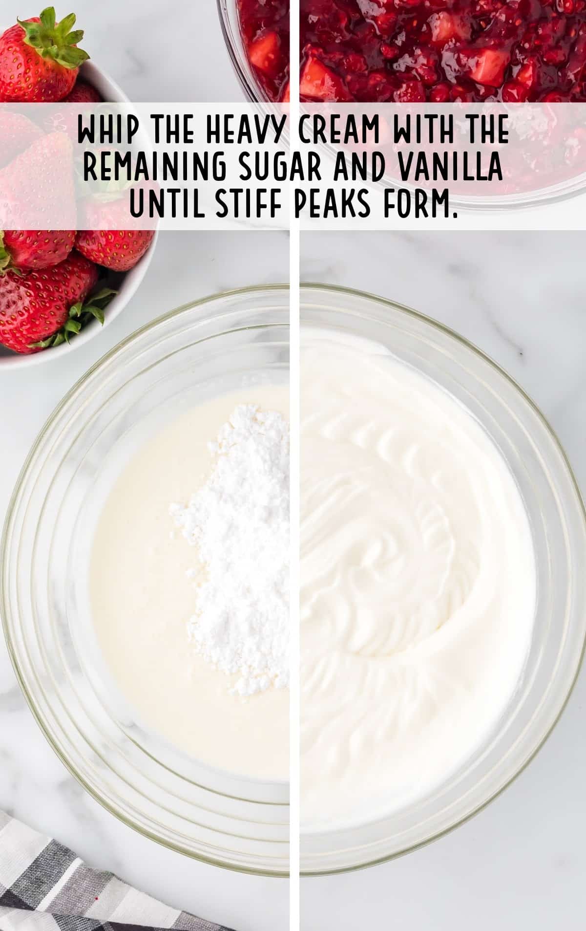 powdered sugar and vanilla extract combined with the heavy cream in a bowl