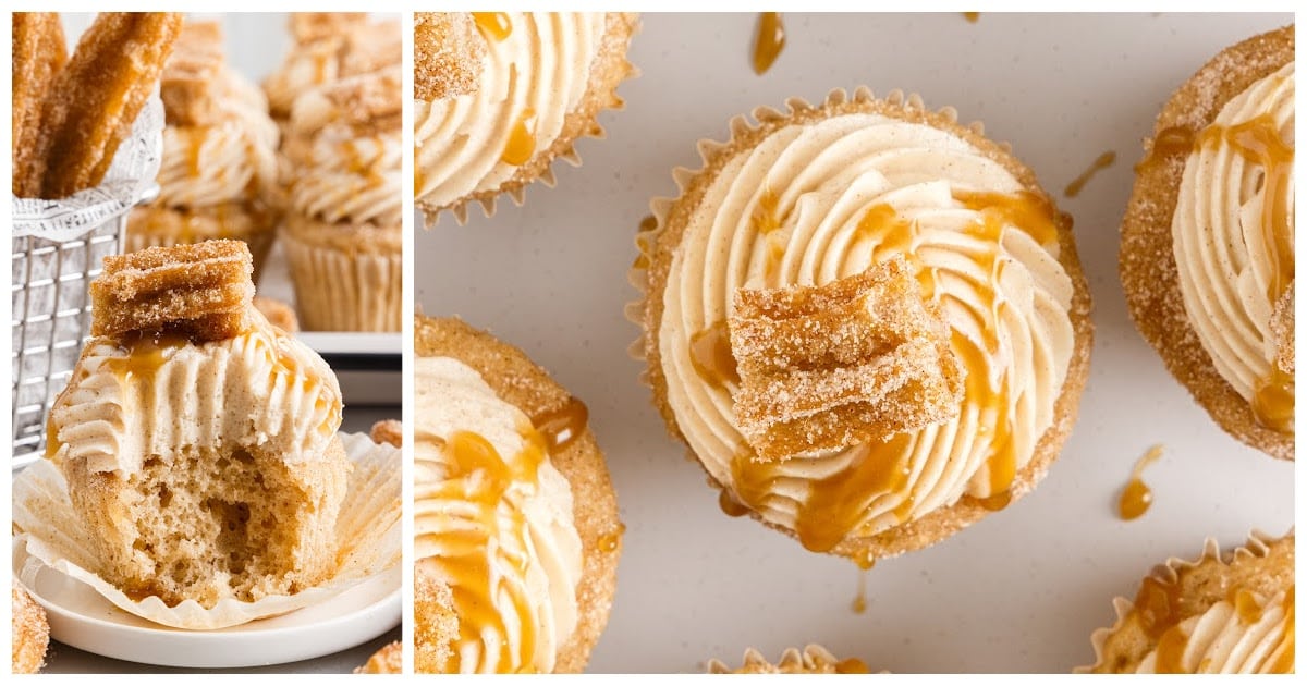 caramel sauce drizzled and top with a pieces of churro