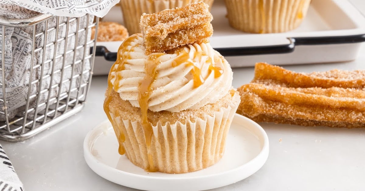 caramel sauce drizzled and top with a pieces of churro