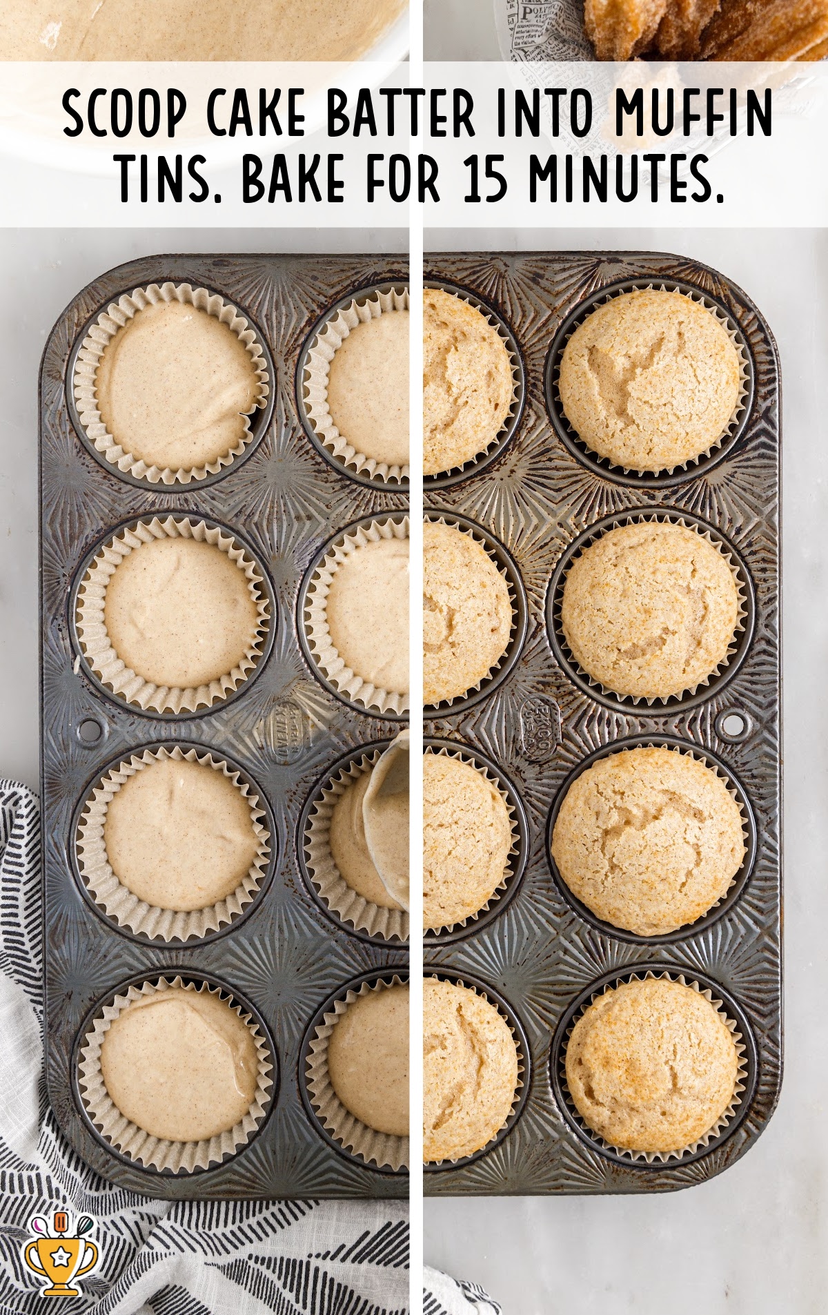 cake batter scooped into muffin tins
