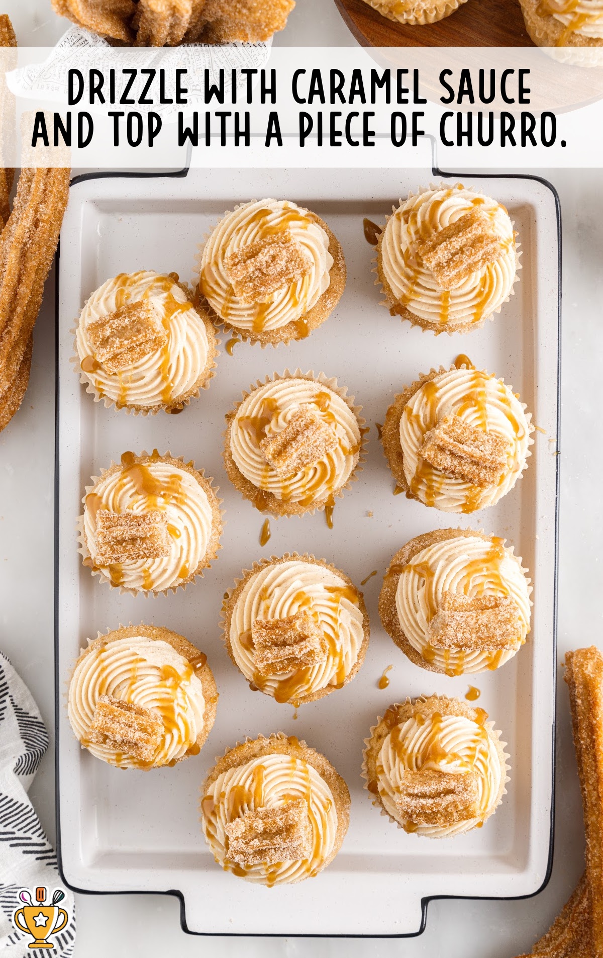 caramel sauce drizzled and top with a pieces of churro