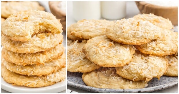 A stack of cookies beside a serving platter of cookies.