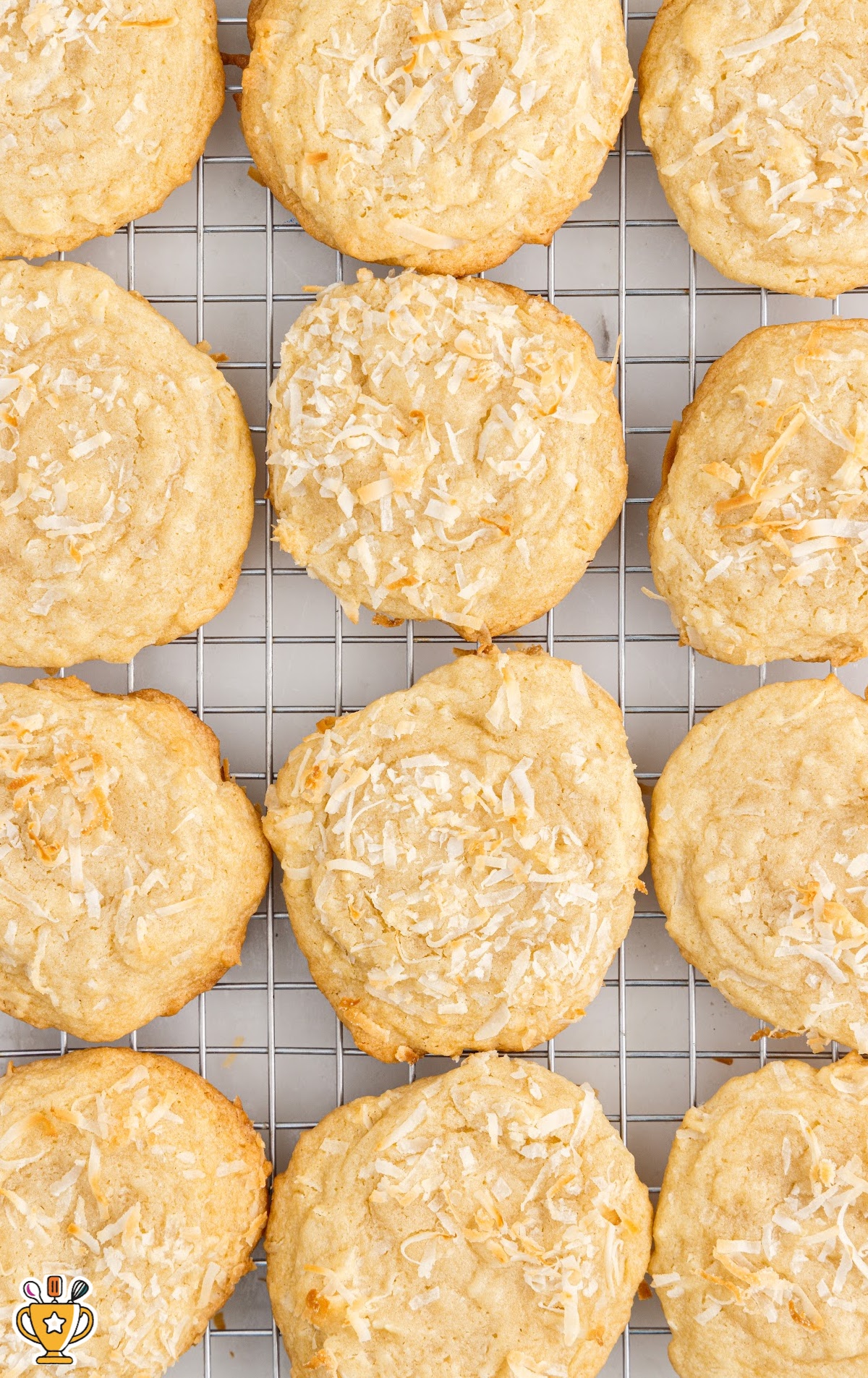 overhead shot of White Chocolate Chip Cookies on a cooling rack