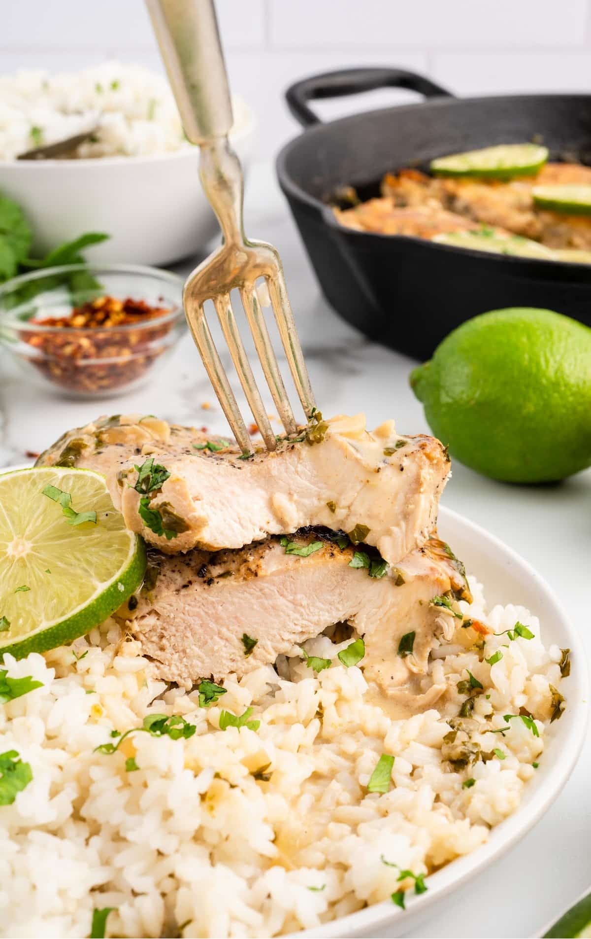 close up shot of Beer Marinated Chicken garnish with cilantro in a bowl