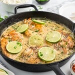 Skillet of cooked coconut lime chicken.