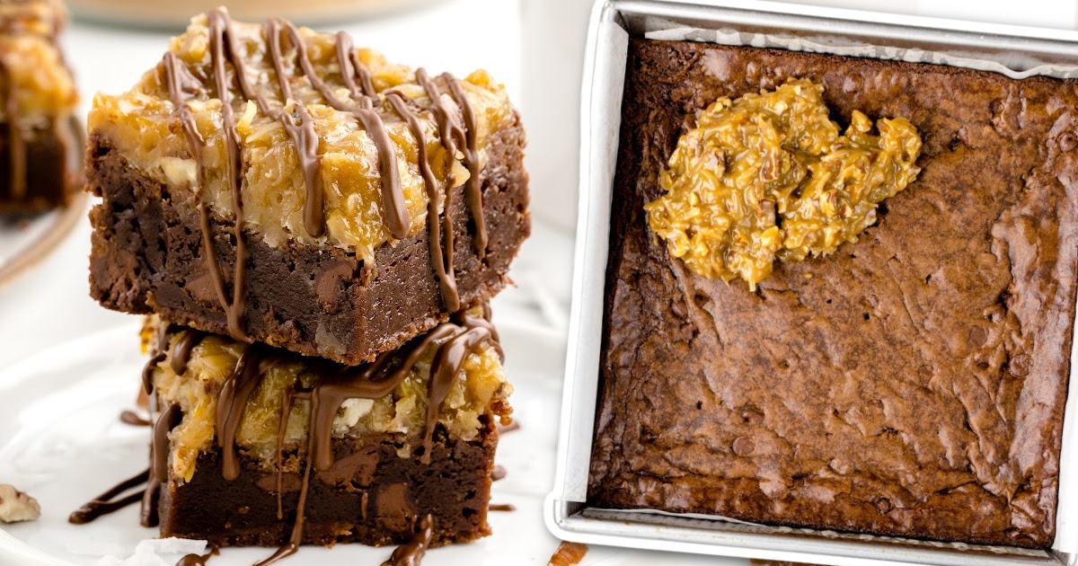 close up shot of German Chocolate Brownies stacked on top of each other on a tray with one having a bite taken out of it