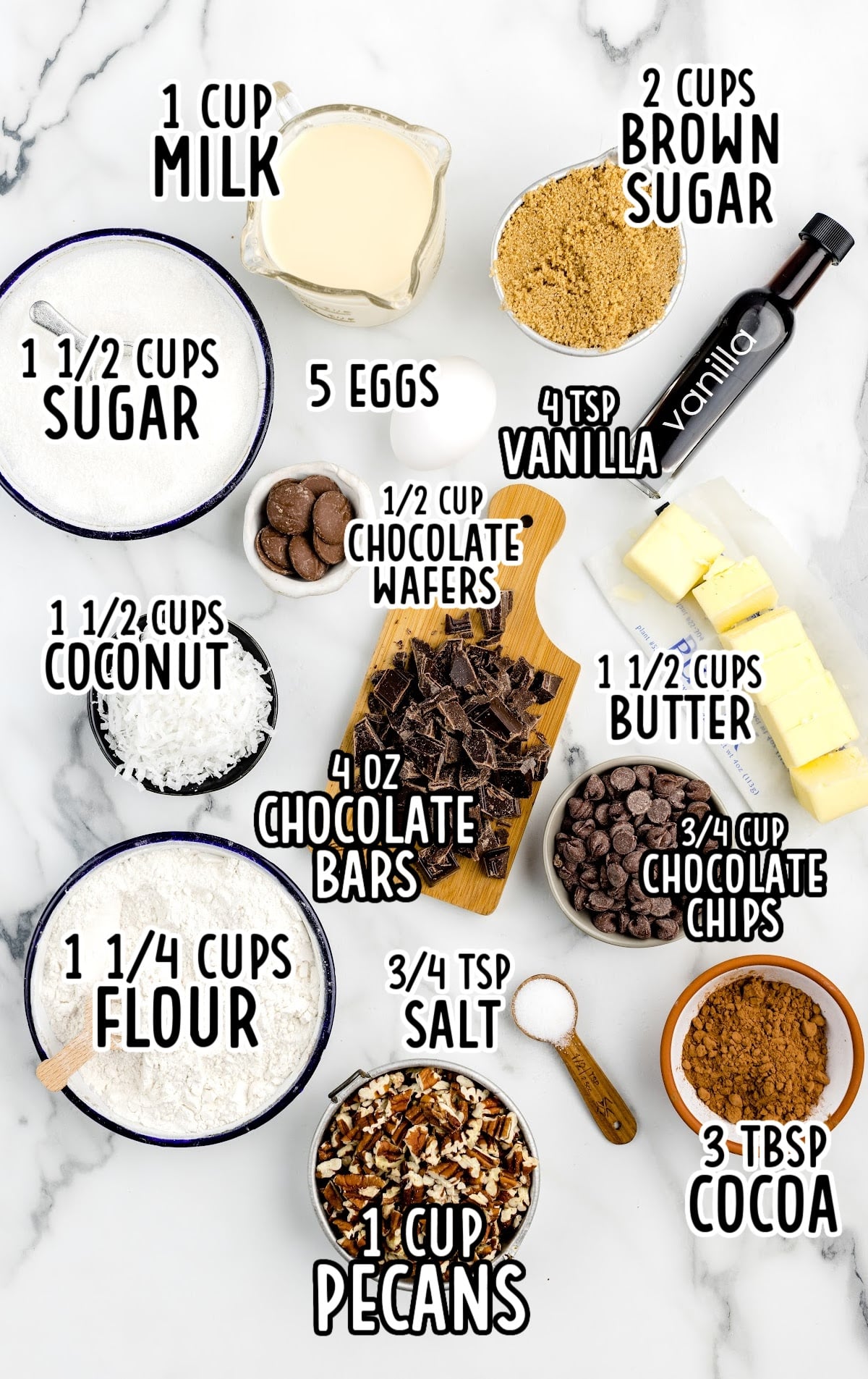 German Chocolate Brownies raw ingredients that are labeled