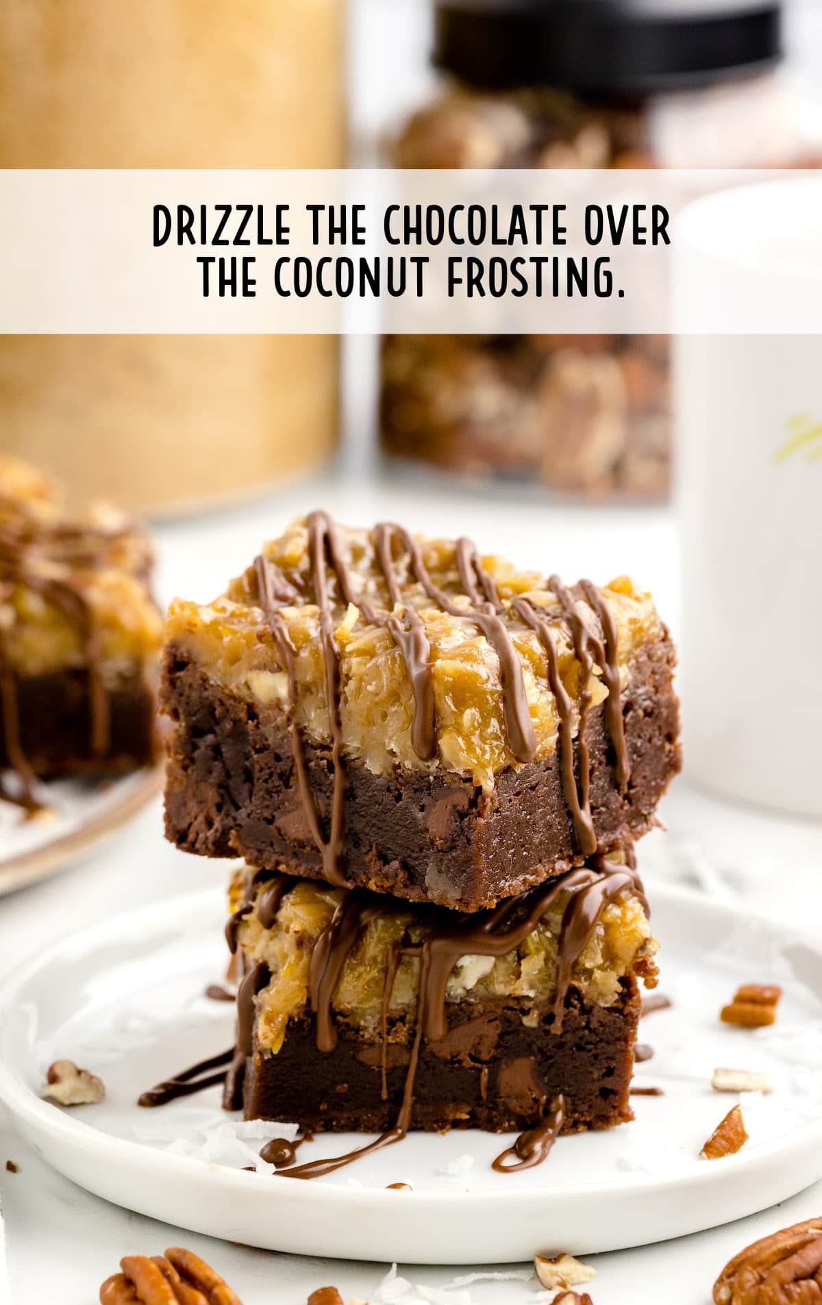 chocolate drizzled over the coconut frosting