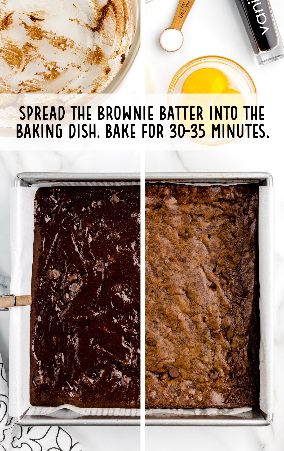 brownie batter spread into the baking dish